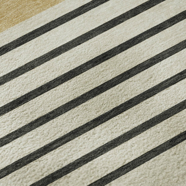HomeRoots 9' X 12' Striped Washable Area Rug in Gold, Ivory & Black – Durable, UV-Protected for Busy Homes 678346