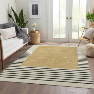 HomeRoots 9' X 12' Striped Washable Area Rug in Gold, Ivory & Black – Durable, UV-Protected for Busy Homes 678346