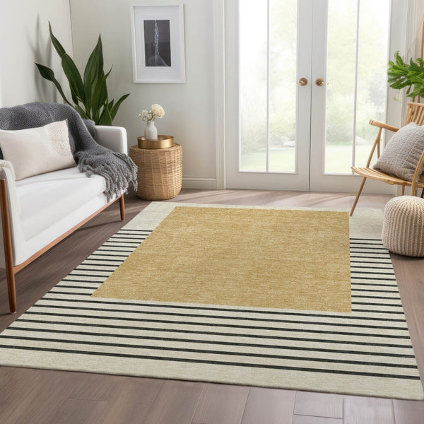 HomeRoots 9' X 12' Striped Washable Area Rug in Gold, Ivory & Black – Durable, UV-Protected for Busy Homes 678346