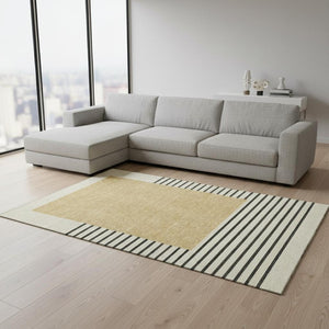 HomeRoots 10' X 14' Gold Ivory & Black Striped Washable Area Rug - Durable, Stylish, UV Protected for Homes 678347