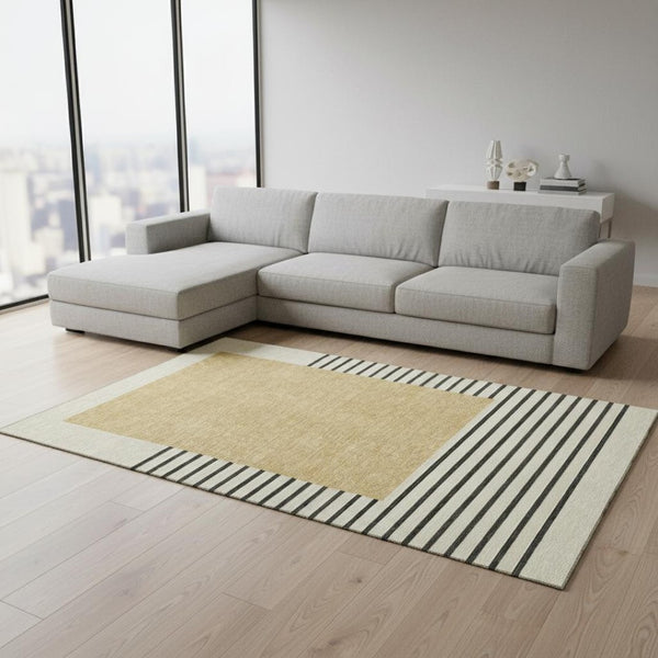 HomeRoots 10' X 14' Gold Ivory & Black Striped Washable Area Rug - Durable, Stylish, UV Protected for Homes 678347