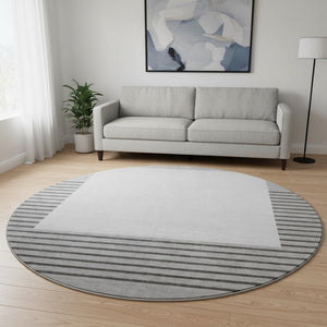 HomeRoots 8' Washable Gray Silver Charcoal Striped Round Rug with UV Protection - Durable, Stylish & Low-Maintenance 678350