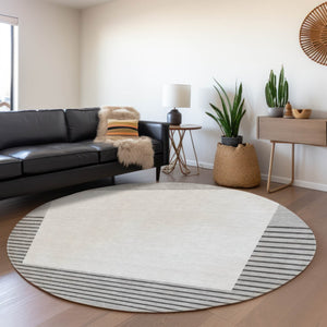 HomeRoots 8' Washable Gray Silver Charcoal Striped Round Rug with UV Protection - Durable, Stylish & Low-Maintenance 678350