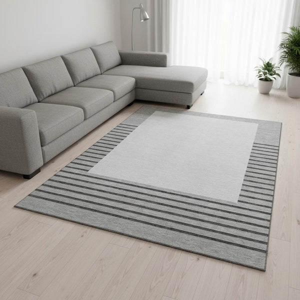 HomeRoots 9' X 12' Washable Gray Silver Charcoal Striped Area Rug – Durable, UV-Proof, Pet-Friendly Design! 678352