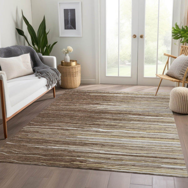 HomeRoots 5' Stylish Brown Ivory and Beige Striped Washable Area Rug with UV Protection for Busy Homes 678355