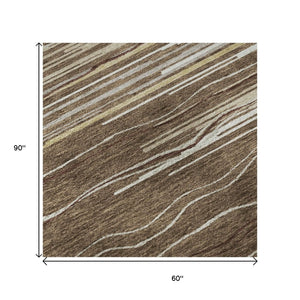 HomeRoots 5' Stylish Brown Ivory and Beige Striped Washable Area Rug with UV Protection for Busy Homes 678355