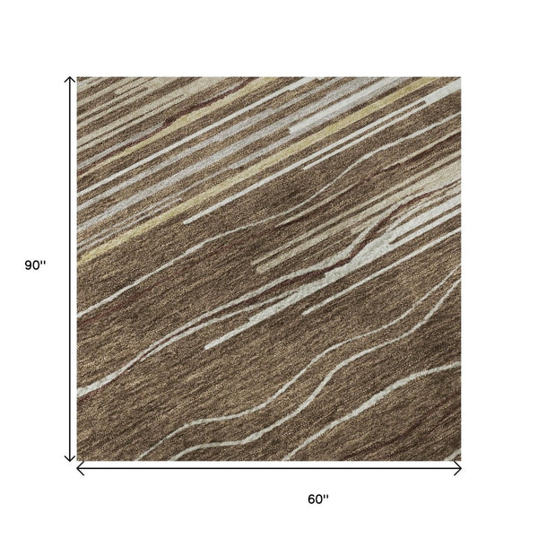 HomeRoots 5' Stylish Brown Ivory and Beige Striped Washable Area Rug with UV Protection for Busy Homes 678355