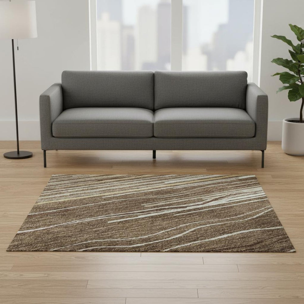 HomeRoots 5' Stylish Brown Ivory and Beige Striped Washable Area Rug with UV Protection for Busy Homes 678355