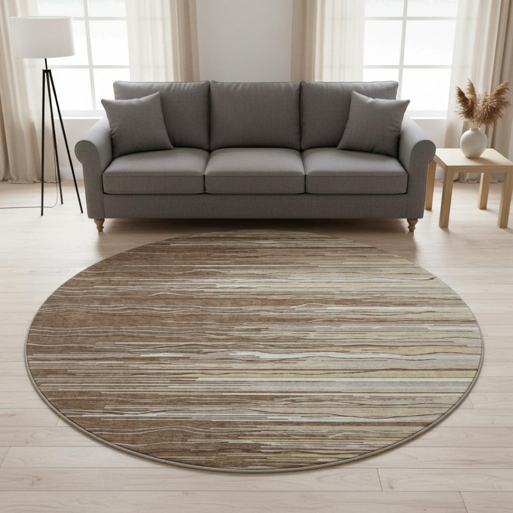 HomeRoots 8' Brown Ivory and Beige Striped Round Rug - Washable, UV Protected, Durable for Busy Homes 678356