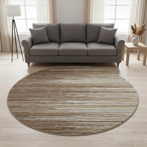 HomeRoots 8' Brown Ivory and Beige Striped Round Rug - Washable, UV Protected, Durable for Busy Homes 678356