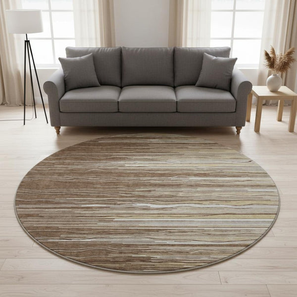 HomeRoots 8' Brown Ivory and Beige Striped Round Rug - Washable, UV Protected, Durable for Busy Homes 678356