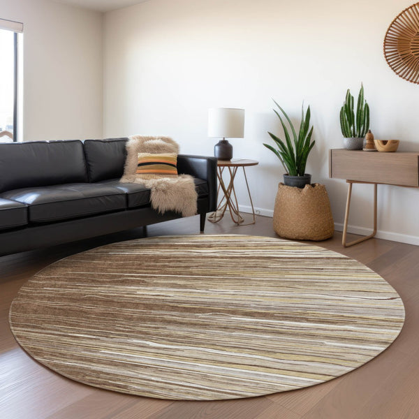 HomeRoots 8' Brown Ivory and Beige Striped Round Rug - Washable, UV Protected, Durable for Busy Homes 678356