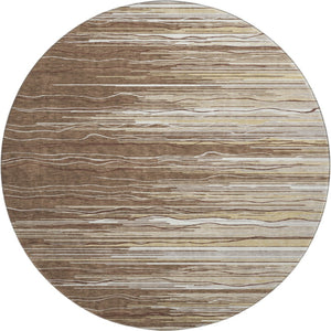 HomeRoots 8' Brown Ivory and Beige Striped Round Rug - Washable, UV Protected, Durable for Busy Homes 678356