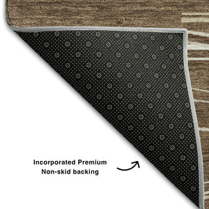 HomeRoots 8' Brown Ivory and Beige Striped Round Rug - Washable, UV Protected, Durable for Busy Homes 678356