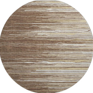 HomeRoots 8' Brown Ivory and Beige Striped Round Rug - Washable, UV Protected, Durable for Busy Homes 678356