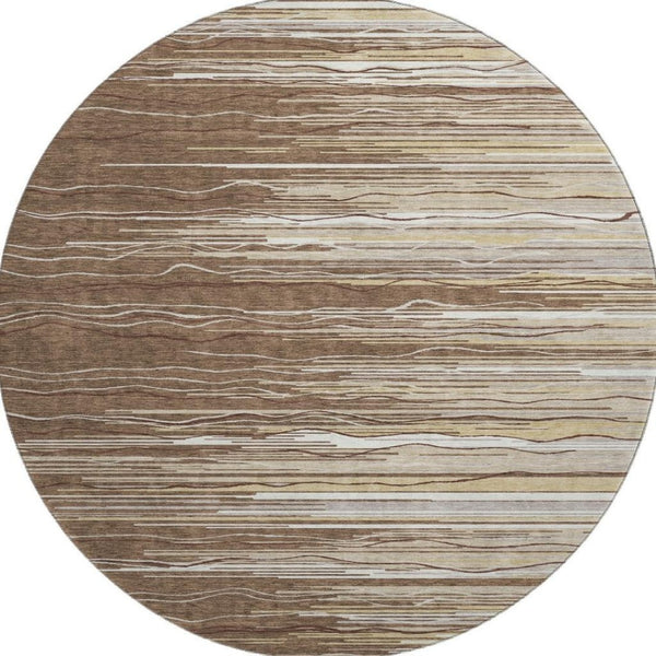 HomeRoots 8' Brown Ivory and Beige Striped Round Rug - Washable, UV Protected, Durable for Busy Homes 678356