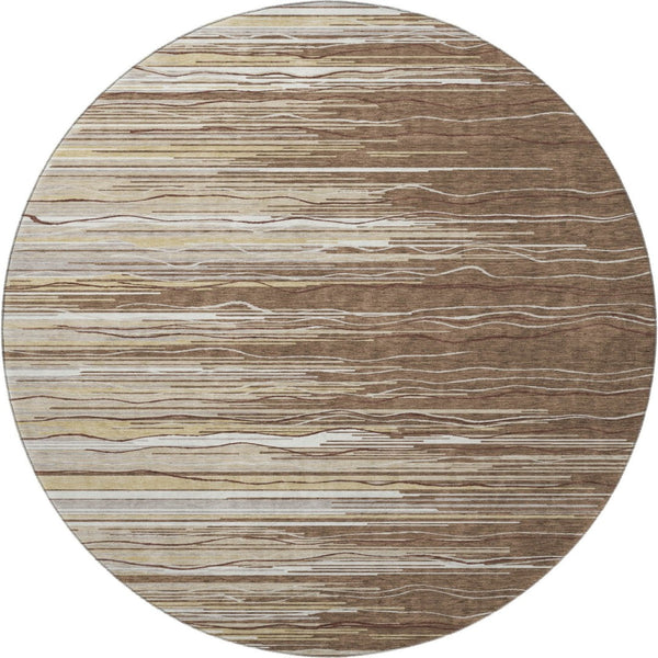 HomeRoots 8' Brown Ivory and Beige Striped Round Rug - Washable, UV Protected, Durable for Busy Homes 678356