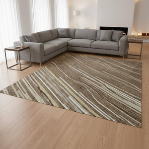 HomeRoots 8' X 10' Striped Washable Area Rug in Brown, Ivory & Beige - UV Protected for High-Traffic Spaces 678357