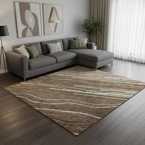 HomeRoots 9' X 12' Stylish Brown Ivory Beige Striped Area Rug - Washable, UV Protected & Ideal for High Traffic Areas 678358