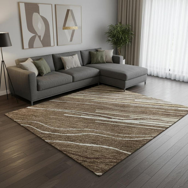 HomeRoots 9' X 12' Stylish Brown Ivory Beige Striped Area Rug - Washable, UV Protected & Ideal for High Traffic Areas 678358