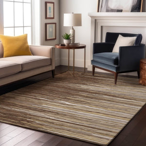 HomeRoots 9' X 12' Stylish Brown Ivory Beige Striped Area Rug - Washable, UV Protected & Ideal for High Traffic Areas 678358
