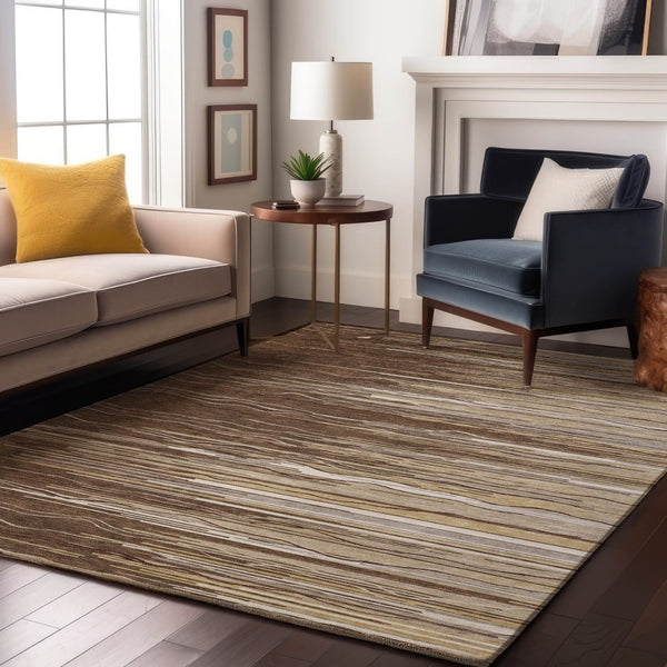 HomeRoots 9' X 12' Stylish Brown Ivory Beige Striped Area Rug - Washable, UV Protected & Ideal for High Traffic Areas 678358