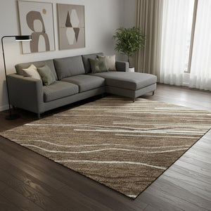 HomeRoots 10' Striped Area Rug in Brown, Ivory & Beige - Washable, UV Protected, Perfect for Homes with Kids & Pets 678359