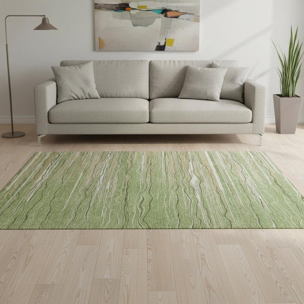 HomeRoots 5' X 8' Stylish Green Ivory Beige Striped Washable Area Rug with UV Protection for Any Space 678361