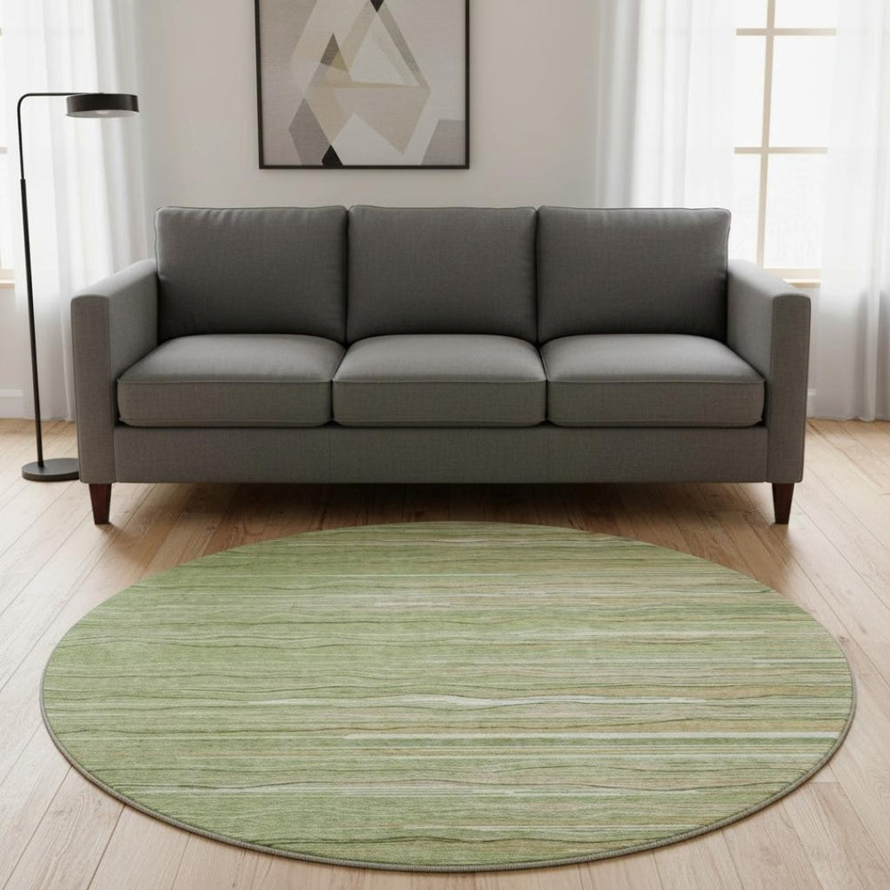 HomeRoots 8' Green Ivory Beige Striped Washable Round Area Rug with UV Protection for High-Traffic Spaces 678362