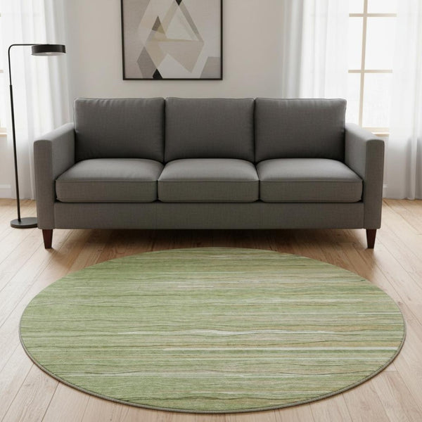 HomeRoots 8' Green Ivory Beige Striped Washable Round Area Rug with UV Protection for High-Traffic Spaces 678362