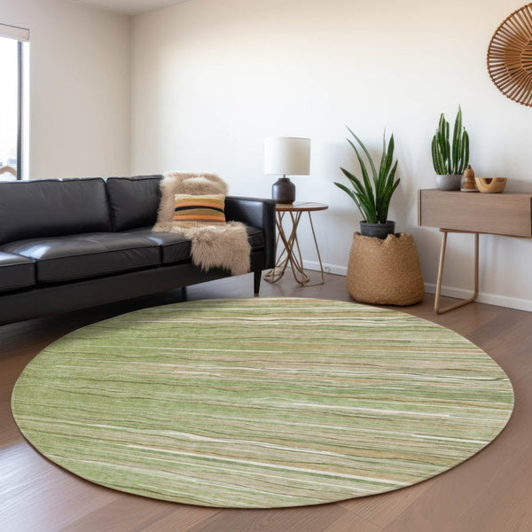 HomeRoots 8' Green Ivory Beige Striped Washable Round Area Rug with UV Protection for High-Traffic Spaces 678362