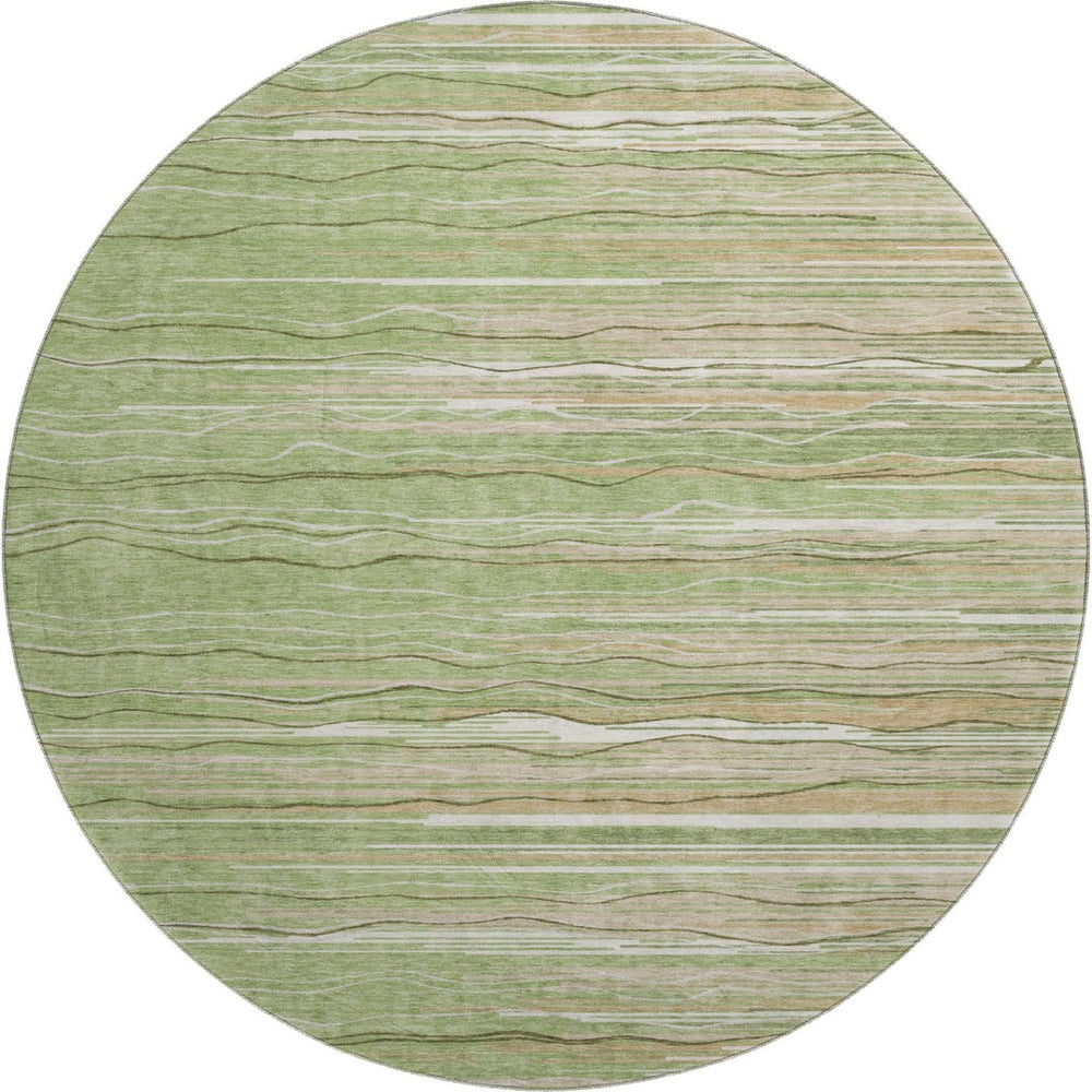 HomeRoots 8' Green Ivory Beige Striped Washable Round Area Rug with UV Protection for High-Traffic Spaces 678362