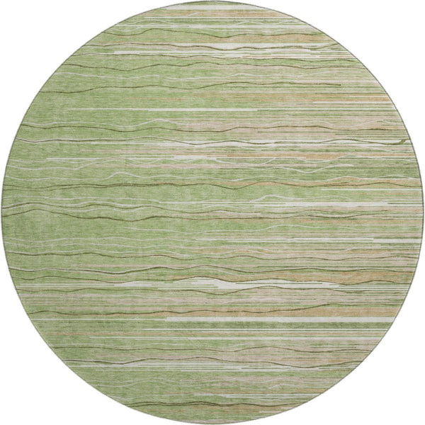HomeRoots 8' Green Ivory Beige Striped Washable Round Area Rug with UV Protection for High-Traffic Spaces 678362