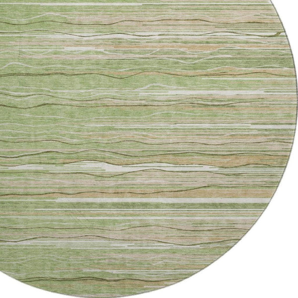 HomeRoots 8' Green Ivory Beige Striped Washable Round Area Rug with UV Protection for High-Traffic Spaces 678362