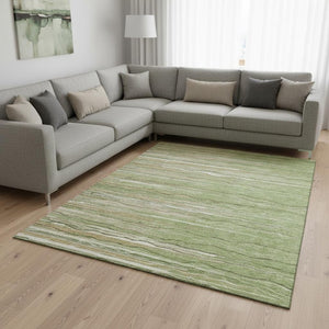 HomeRoots 8' X 10' Green Ivory Beige Striped Washable Area Rug - Durable, UV Protected for High-Traffic Rooms 678363