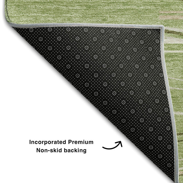 HomeRoots 8' X 10' Green Ivory Beige Striped Washable Area Rug - Durable, UV Protected for High-Traffic Rooms 678363