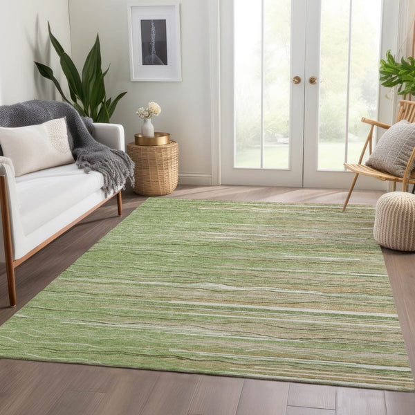 HomeRoots 8' X 10' Green Ivory Beige Striped Washable Area Rug - Durable, UV Protected for High-Traffic Rooms 678363