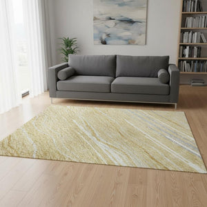 HomeRoots 5' X 8' Striped Gold Gray Ivory Washable Area Rug with UV Protection for Durable, Stylish Living Spaces 678367