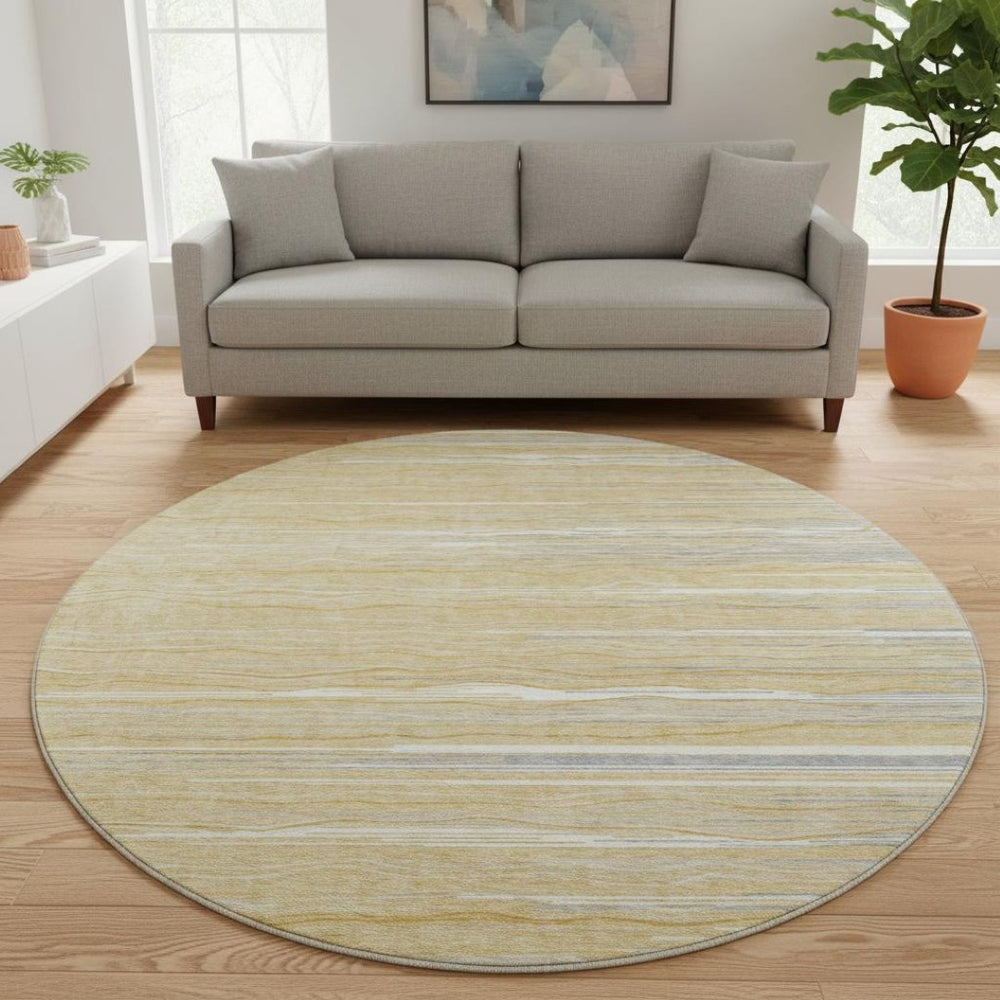HomeRoots 8' Gold Gray and Ivory Striped Washable Round Rug – Durable, Stylish, and UV-Protected for High-Traffic Areas 678368