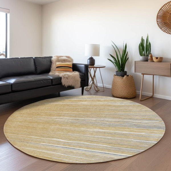 HomeRoots 8' Gold Gray and Ivory Striped Washable Round Rug – Durable, Stylish, and UV-Protected for High-Traffic Areas 678368