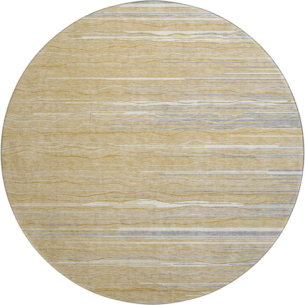 HomeRoots 8' Gold Gray and Ivory Striped Washable Round Rug – Durable, Stylish, and UV-Protected for High-Traffic Areas 678368
