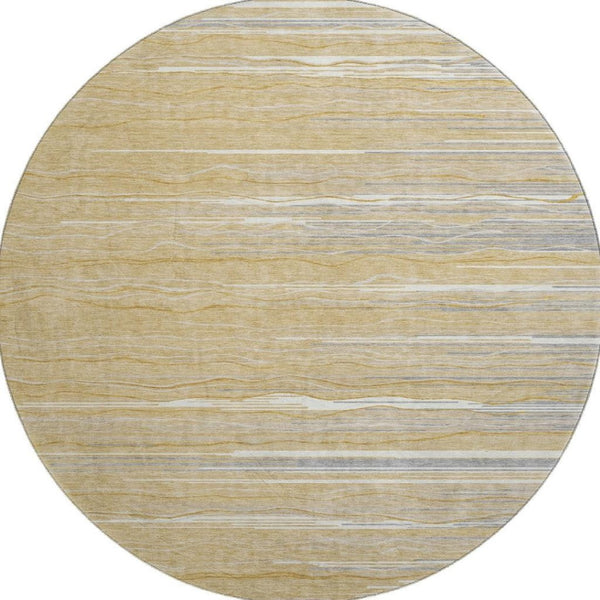 HomeRoots 8' Gold Gray and Ivory Striped Washable Round Rug – Durable, Stylish, and UV-Protected for High-Traffic Areas 678368
