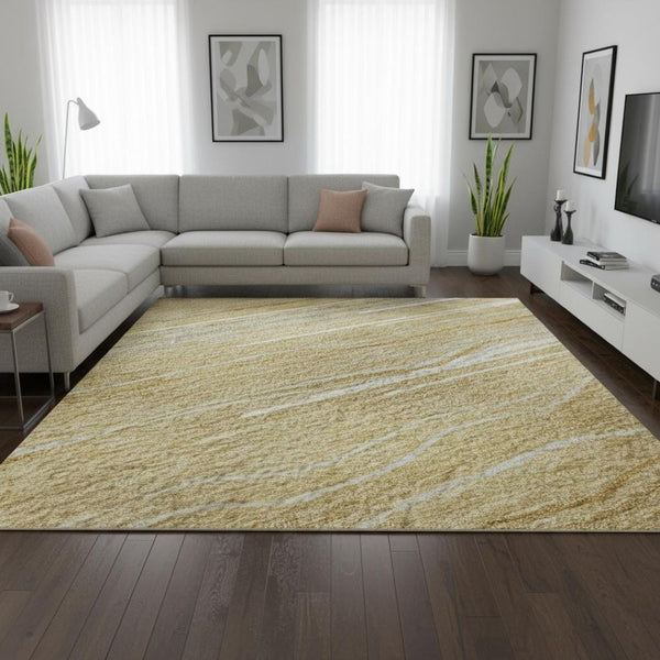 HomeRoots 8' X 10' Gold, Gray & Ivory Striped Area Rug - Washable, UV-Protected, Stylish & Durable for Homes 678369
