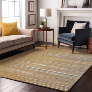 HomeRoots 8' X 10' Gold, Gray & Ivory Striped Area Rug - Washable, UV-Protected, Stylish & Durable for Homes 678369