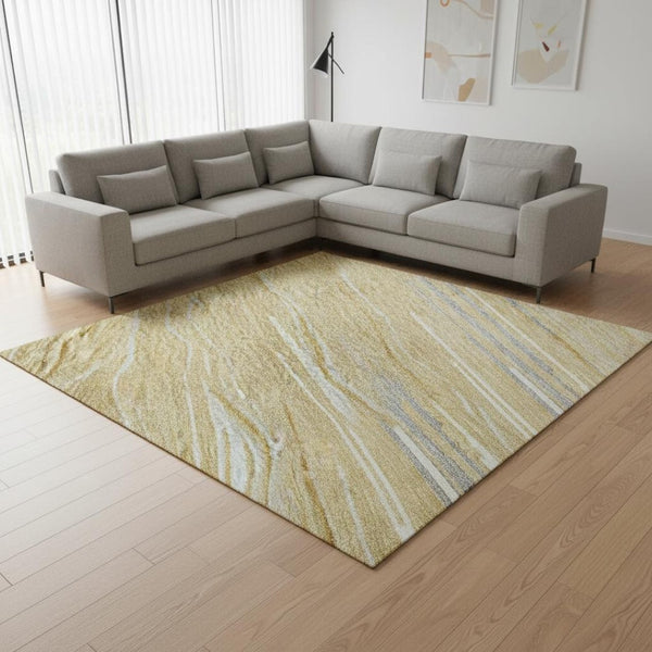HomeRoots 9' X 12' Washable Striped Area Rug in Gold, Gray & Ivory - UV Protection for High-Traffic Homes 678370
