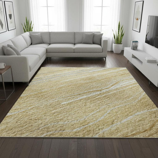 HomeRoots 10' X 14' Striped Area Rug in Gold, Gray & Ivory – Washable with UV Protection for High-Traffic Spaces 678371