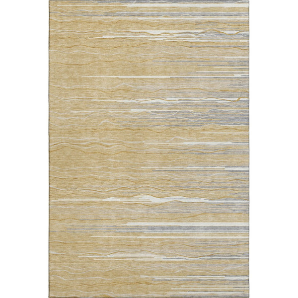 HomeRoots 10' X 14' Striped Area Rug in Gold, Gray & Ivory – Washable with UV Protection for High-Traffic Spaces 678371