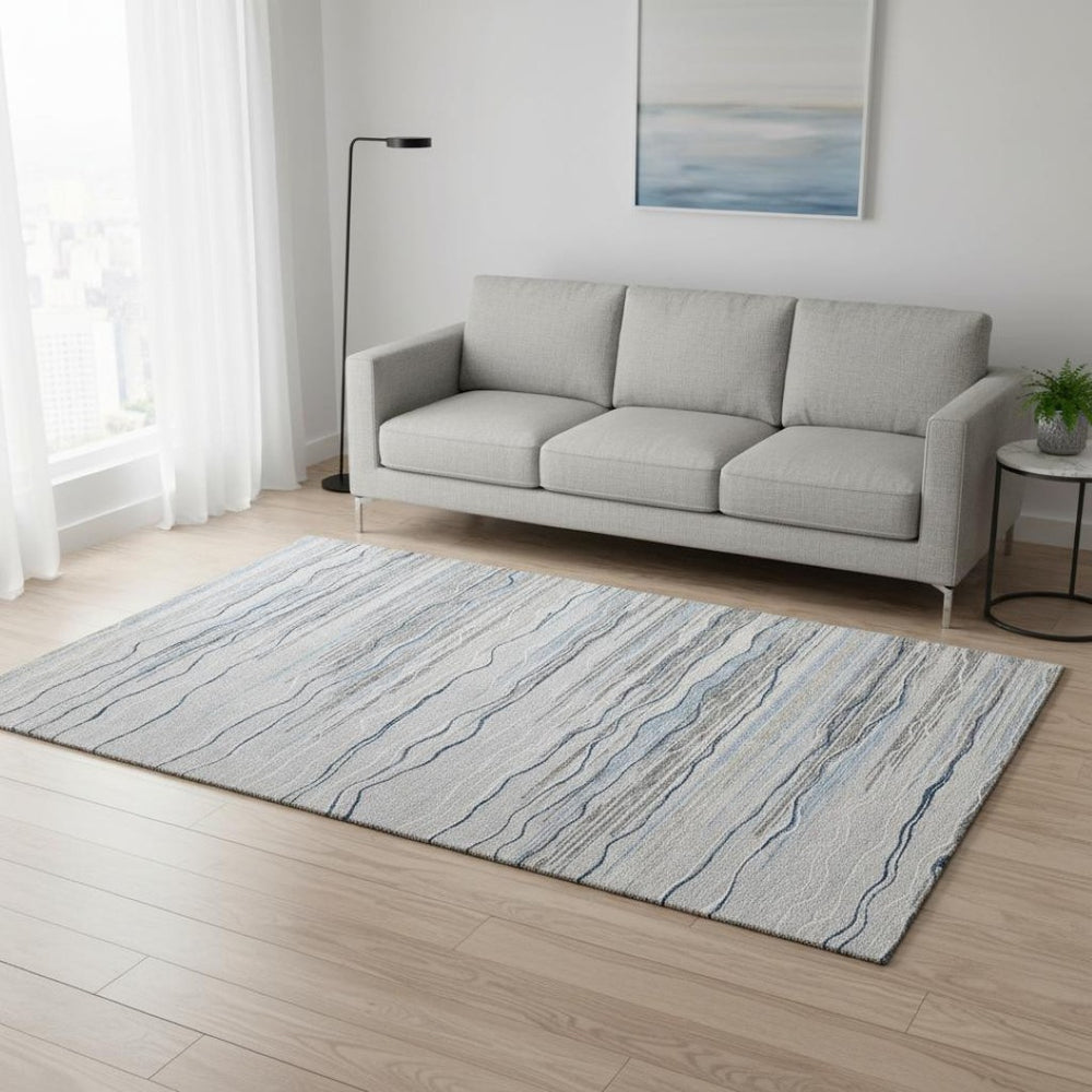 HomeRoots 5' X 8' Gray Blue Ivory Striped Washable Area Rug - UV Protected, Stain Resistant, Stylish Comfort 678373