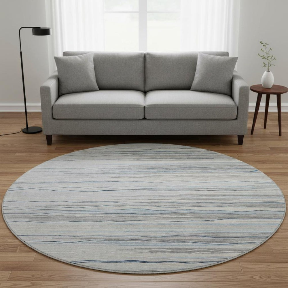 HomeRoots 8' Gray Blue Striped Round Rug – Washable, UV Protected, Durable & Stylish for Kids and Pets! 678374
