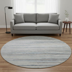 HomeRoots 8' Gray Blue Striped Round Rug – Washable, UV Protected, Durable & Stylish for Kids and Pets! 678374